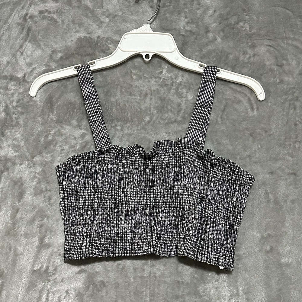 Free People Smocked Gingham Wide Strap Ruffle Top Womens M Black Dark Cottage